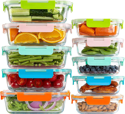 UMEIED 10 Pack Glass Food Storage Containers with Lids, Leakproof Airtight Glass Meal Prep Containers For Lunch, On The Go, Leftover, Dishwasher Safe