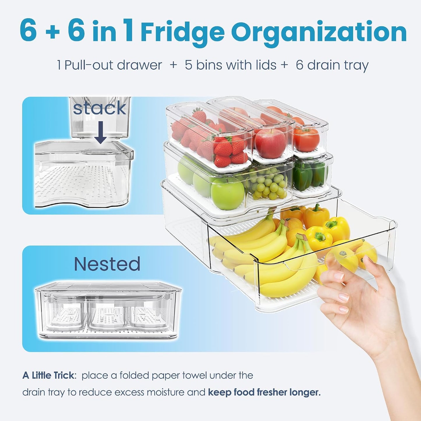 SMRCAD 8 Pack Refrigerator Organizers, Clear Pull-out Drawer Container and Organizer Bins with Lids, Stackable Storage Containers for Fruits, Vegetable (Set of 8 (Include Pull Out Drawer))
