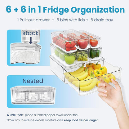 SMRCAD 8 Pack Refrigerator Organizers, Clear Pull-out Drawer Container and Organizer Bins with Lids, Stackable Storage Containers for Fruits, Vegetable (Set of 8 (Include Pull Out Drawer))
