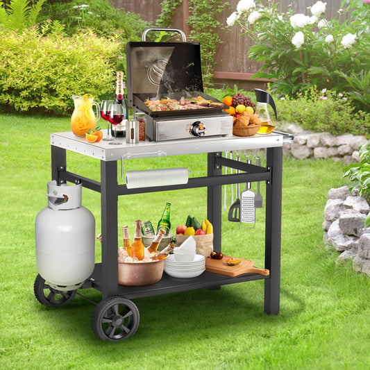 Outdoor Pizza Oven Table for Ninja Woodfire, Blackstone Tabletop Grill, Portable Grill Cart & Food Prep Work Table, Movable Pizza Oven Cart for Backyard BBQ and Patio Parties