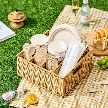Berdeng Utensil Holder for Party, Paper Plate Dispenser for Countertop, Silverware Caddy for Picnic, Cutlery Holder for Kitchen Camping Buffet, Wicker Basket with 6 Compartments