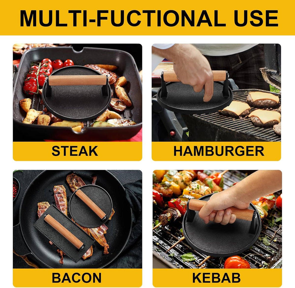 AIVIKI Burger Press, Smash Burger Press for Blackstone Griddle, Heavy Duty Cast Iron Round 6.9In & Rectangular 8.2x4.2In Bacon Grill Press with Wood Handle, Meat Steak Weight for Sandwich, Paninis