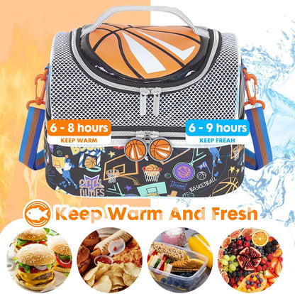 Kids Double Decker Cooler Insulated Lunch Bag, Back to School Large Meal Tote for Boys, Girls, Men, Women, with Adjustable Strap, Soccer