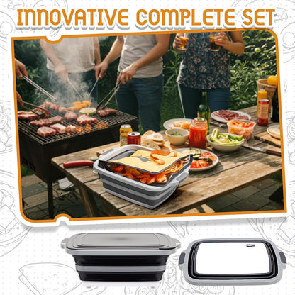 Funnymoom 2pcs Barbecue Prep Set Include Collapsible BBQ Prep Tub with Lid and Cutting Board(4.22 Gal/16l) BBQ Blanket for Resting Meat(21inch) Smoker Blanket Insulated(Black,Classic Style)