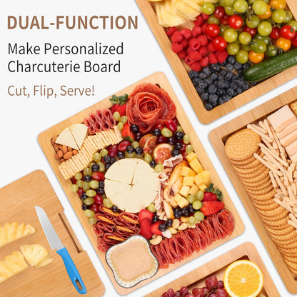 CAWIU Portable Travel Charcuterie Board with Lid and Handle - Large Bamboo Cheese Board with 4 Cheese Knife Set for Outdoor, Picnics - Weddings, House Warming Gift for Women (1 Compartment, White)