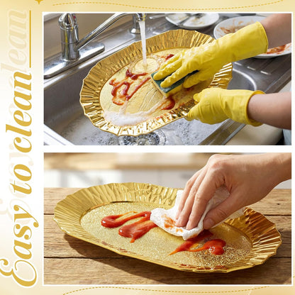 12 Pcs Gold Plastic Serving Tray Bulk, 14.5" x 8.6" Rectangle Gold Party Platters Reusable Decorative Dessert Table Serving Tray for Graduation Wedding Birthday Party Cupcake Decoration