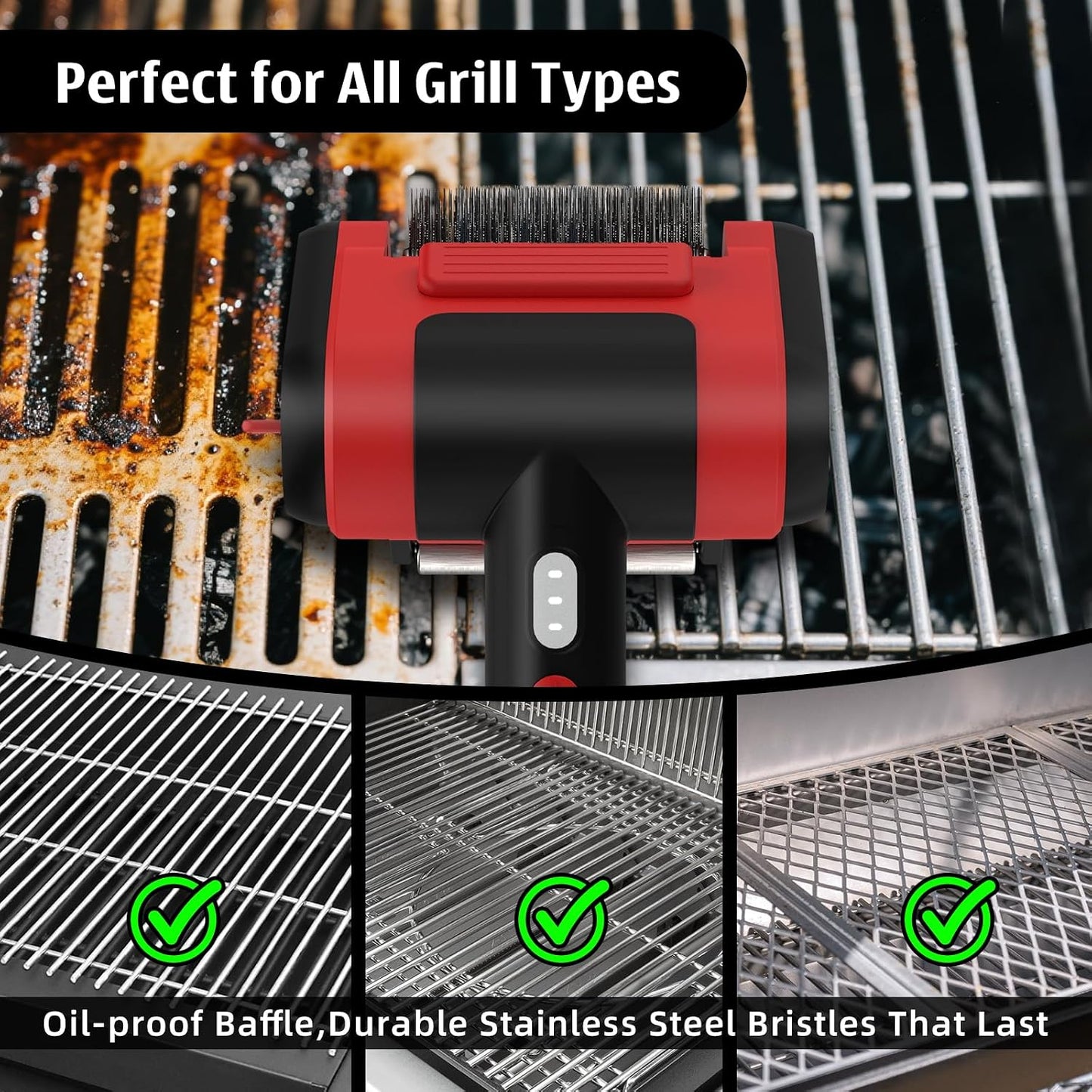 Electric Rechargeable Grill Brush,Grill Cleaner for Outdoor Grill with 800 RPM Motor - Bristle-Free Stainless Steel Grill Cleaner with LED Light for BBQ, Heavy Duty Grill Cleaning Tool (Champagne)