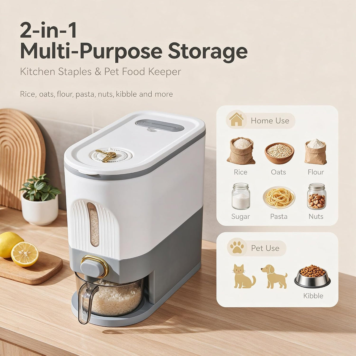 Gagee 11 Lbs Rice Dispenser, Clear | Grain Container Storage, With Lid, Measuring Cylinder, Moisture Proof, Household Cereal Dispenser Bucket