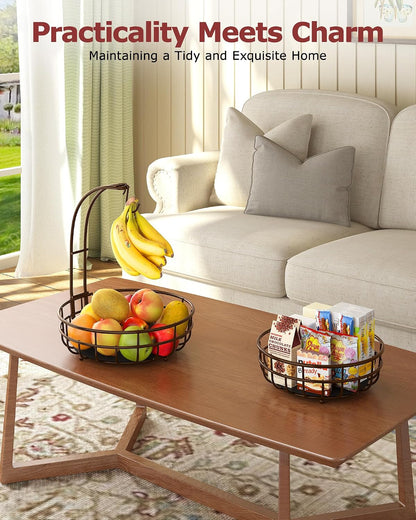 Sevenblue 2 Tier Large Fruit Basket for Kitchen Counter with Removable Banana Hanger - Sturdy Iron Fruit Bowl for Kitchen Counter and Vegetable Holder, Fruit Holder for Home Decor, Black