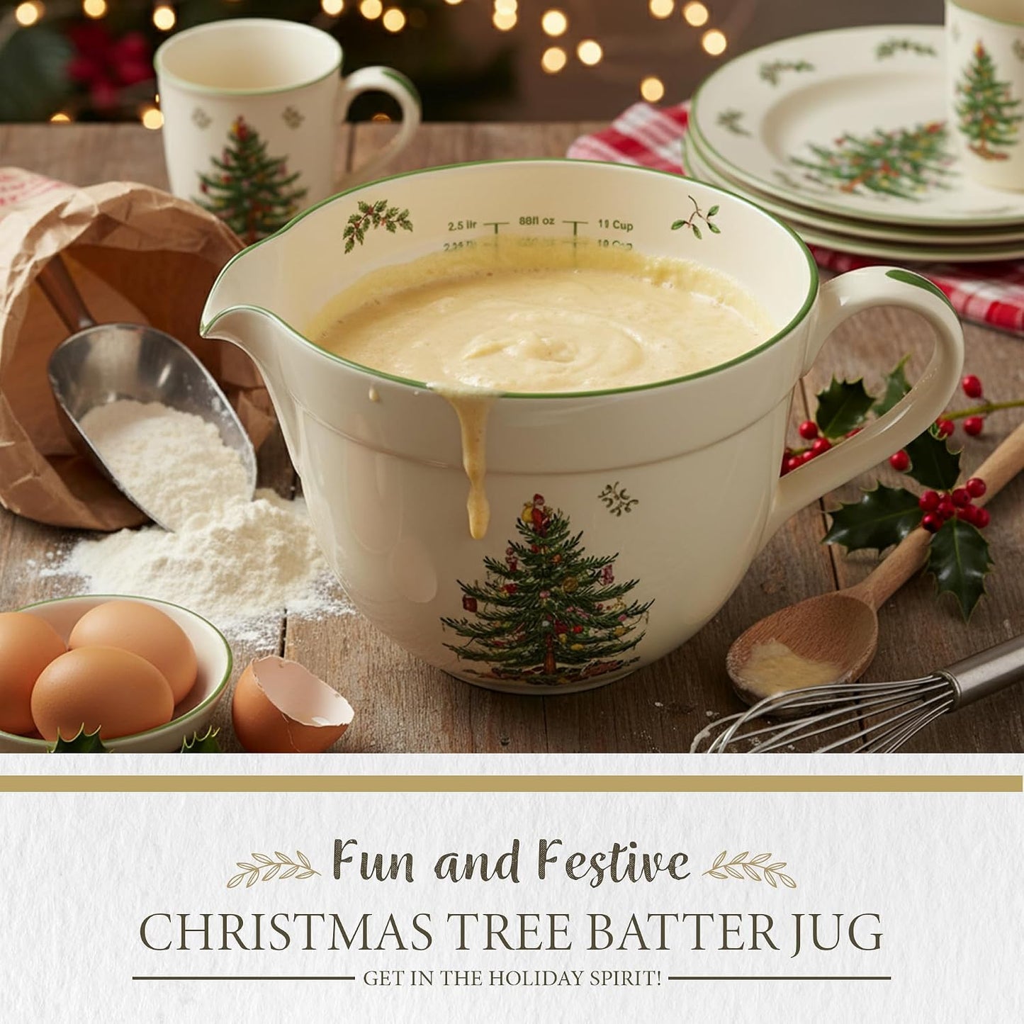 Spode Christmas Tree Batter Jug - Large 2 Quart Mixing Bowl with Handle & Spout, Holiday Bakeware for Pancakes, Cookies & More - Dishwasher Safe Earthenware with Interior Measurements