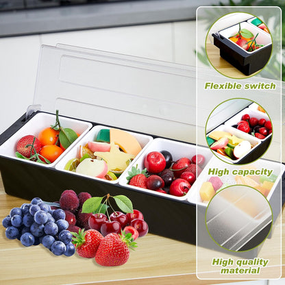 Tessco for you Garnish Tray with Lid Bar Caddy Ice Cooled Condiment Serving Container with Ice Scoop Metal Mini Serving Tongs Fruit Fork Spoons for Food Home Party Kitchen(Plastic,6 Grids)