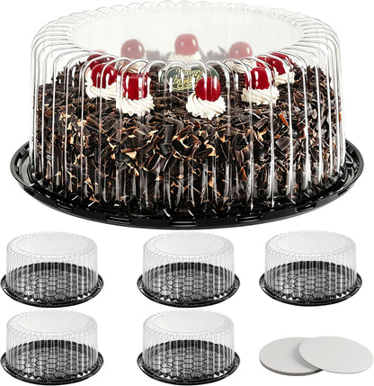 6-Pack Cake Carrier Holder Container for 10 Inch Round Cakes - Plastic Disposable Cake Containers, Take Out Storage w/Clear Dome Lids, Black Base Serving Trays, White Cake Boards, 12 x 5 Inches