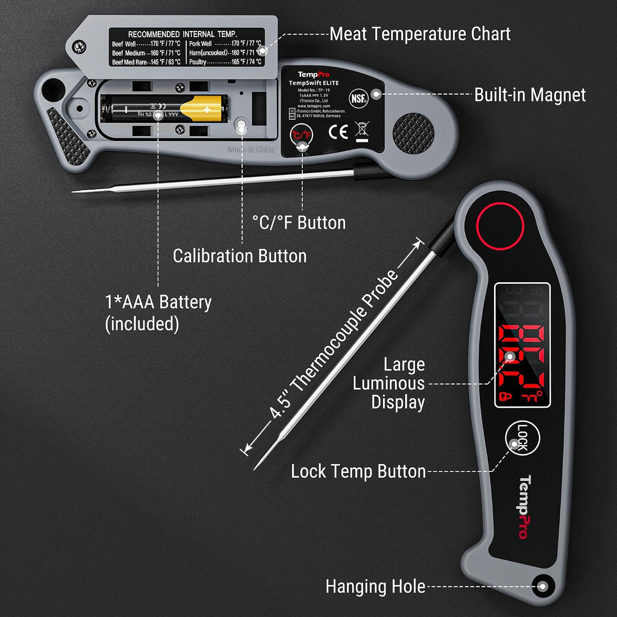 TempPro TempSwift 0.5 Sec Instant Read Digital Meat Thermometer Waterproof