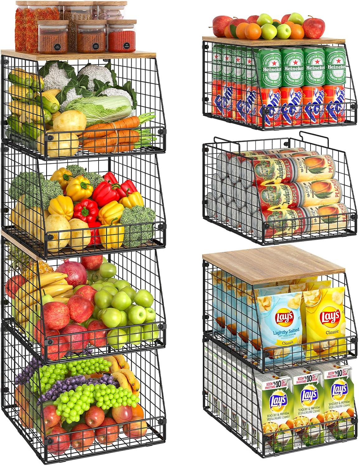 Jakyitvi 5 Pack XXL Stackable Wire Storage Basket, Extra Large Capacity Pantry Organizer and Storage, Muti-Purpose for Fruit Vegetable Basket & Toy Bin & Snack Organizer