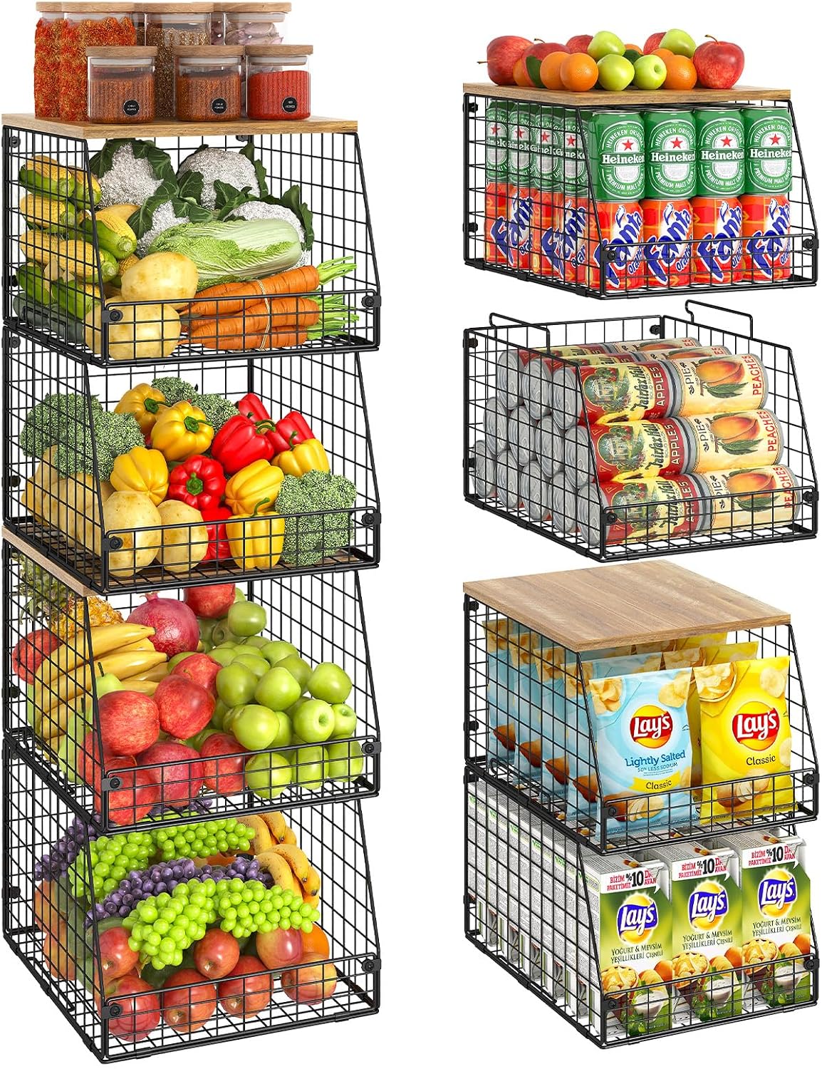 Jakyitvi 5 Pack XXL Stackable Wire Storage Basket, Extra Large Capacity Pantry Organizer and Storage, Muti-Purpose for Fruit Vegetable Basket & Toy Bin & Snack Organizer