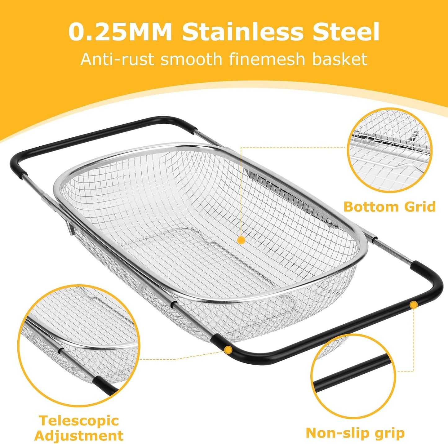 ZDRongZhen Kitchen Accessories Over the Sink Colander Strainer Basket，Stainless Steel Colander with Expandable Rubber Grip Sink Drainer-Rinse Vegetables Fruits &Strain&Drain (Large-Fine mesh)