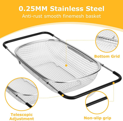 ZDRongZhen Kitchen Accessories Over the Sink Colander Strainer Basket，Stainless Steel Colander with Expandable Rubber Grip Sink Drainer-Rinse Vegetables Fruits &Strain&Drain (Large-Fine mesh)