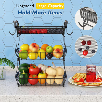 ANTOPY 2 Tier Fruit Basket with 2 Banana Hangers, Countertop Fruit Vegetable Basket Bowl for Kitchen Counter Metal Wire Fruits Storage Stand Holder Organizer for Bread Snack Veggies Produce