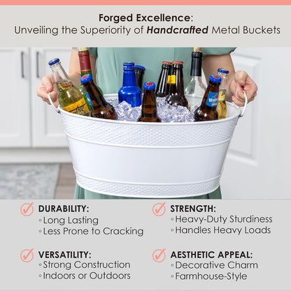 BREKX White Drink Cooler for Parties, Sealed Leak & Rust Resistant Galvanized Tub, Large Ice Bucket and Drink Bucket with Handles, 15 Quarts (4 Gallon), Oval Bucket with Easy to Clean Glossy Finish