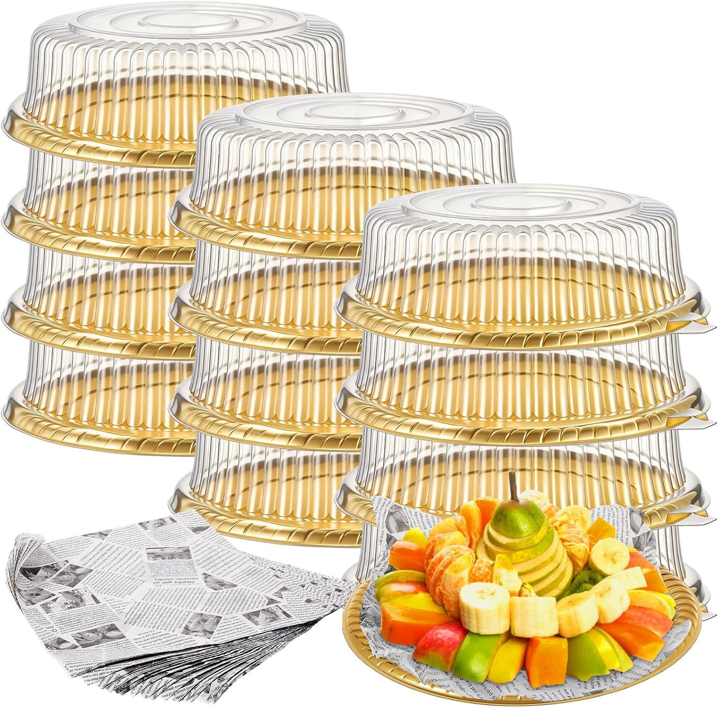 Tessco for you 12 Pack Heavy Duty Repeatedly Plastic Serving Tray with Lid and 24 Pcs Deli Wax Paper Sheets Sets Large Party Platters with Clear Lids Stackable Round Food Serving Trays (Black,16inch)