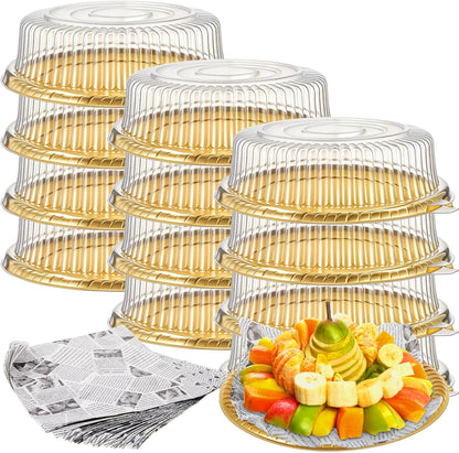 Tessco for you 12 Pack Heavy Duty Repeatedly Plastic Serving Tray with Lid and 24 Pcs Deli Wax Paper Sheets Sets Large Party Platters with Clear Lids Stackable Round Food Serving Trays (Black,16inch)