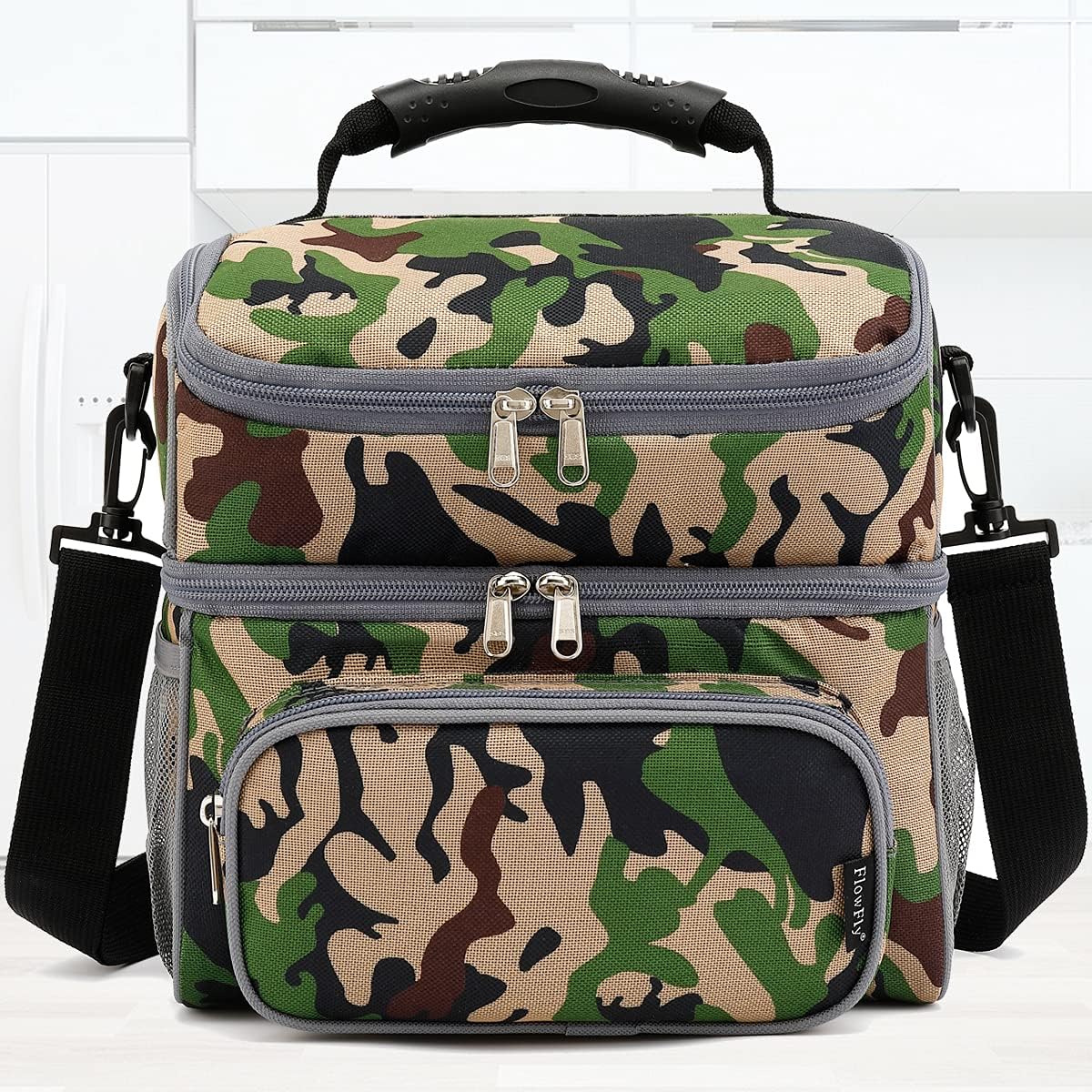FlowFly Double Layer Cooler Insulated Lunch Bag Adult Lunch Box Large Tote Bag for Men, Women, With Adjustable Strap,Front Pocket and Dual Large Mesh Side Pockets