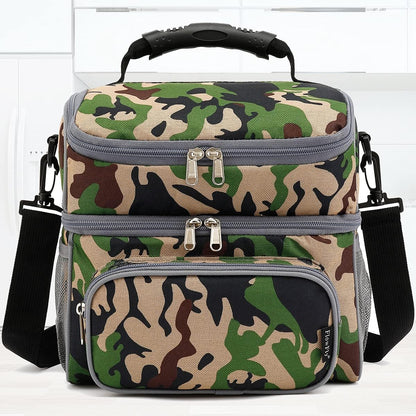 FlowFly Double Layer Cooler Insulated Lunch Bag Adult Lunch Box Large Tote Bag for Men, Women, With Adjustable Strap,Front Pocket and Dual Large Mesh Side Pockets