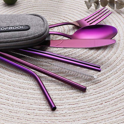Portable Stainless Steel Flatware Set, Travel Camping Cutlery Set, Portable Utensil Travel Silverware Dinnerware Set with a Waterproof Case (Pink)