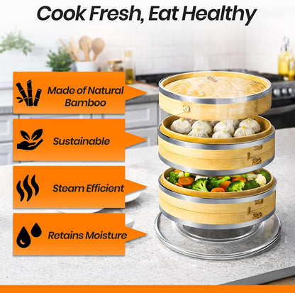Bamboo Steamer Basket | 2 Tier 10-Inch steaming basket for Dim Sum, Bao Buns, Momos, Rice & Vegetables | Dumpling Steamer, Complete Kit: 4 Reusable Liners, 2 Sauce Dish, 2 Chopsticks, Ring Adapter | Natural Bamboo dumpling steaming basket Kit