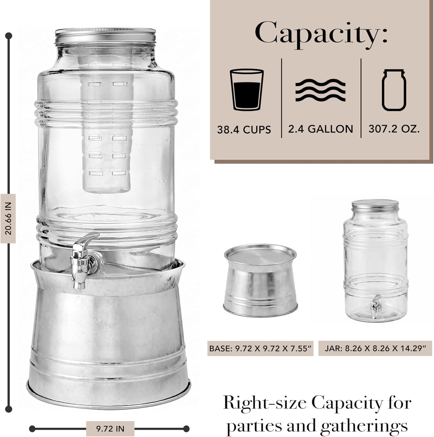 Circleware Breeze Glass Beverage Dispenser with Base Metal Stand Transforms to Ice Bucket, Lid, Fruit Infuser and Ice Insert, Entertainment Kitchen Drinking Glassware, Party, Huge 2.4 Gallons