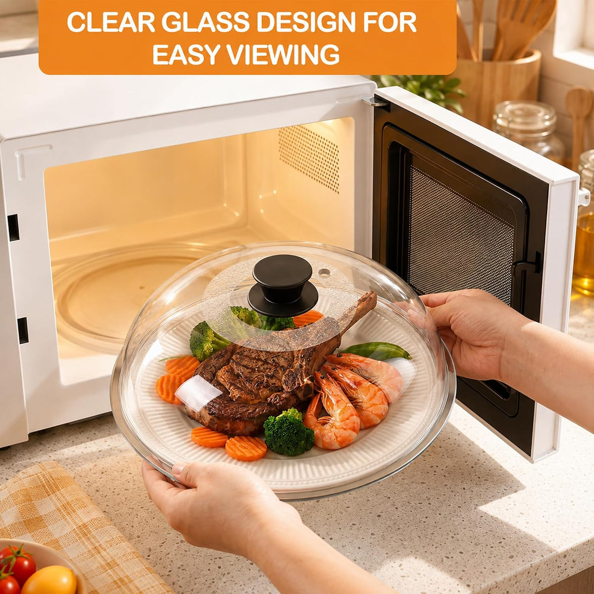 11.5in Tall Glass Microwave Splatter Cover for Food – Heat Resistant Plate Splatter Guard Lid with Vent Hole & Easy-to-Grip Handle – No Plastic, Dishwasher Safe – Borosilicate Glass