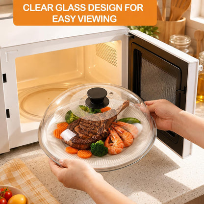 11.5in Tall Glass Microwave Splatter Cover for Food – Heat Resistant Plate Splatter Guard Lid with Vent Hole & Easy-to-Grip Handle – No Plastic, Dishwasher Safe – Borosilicate Glass