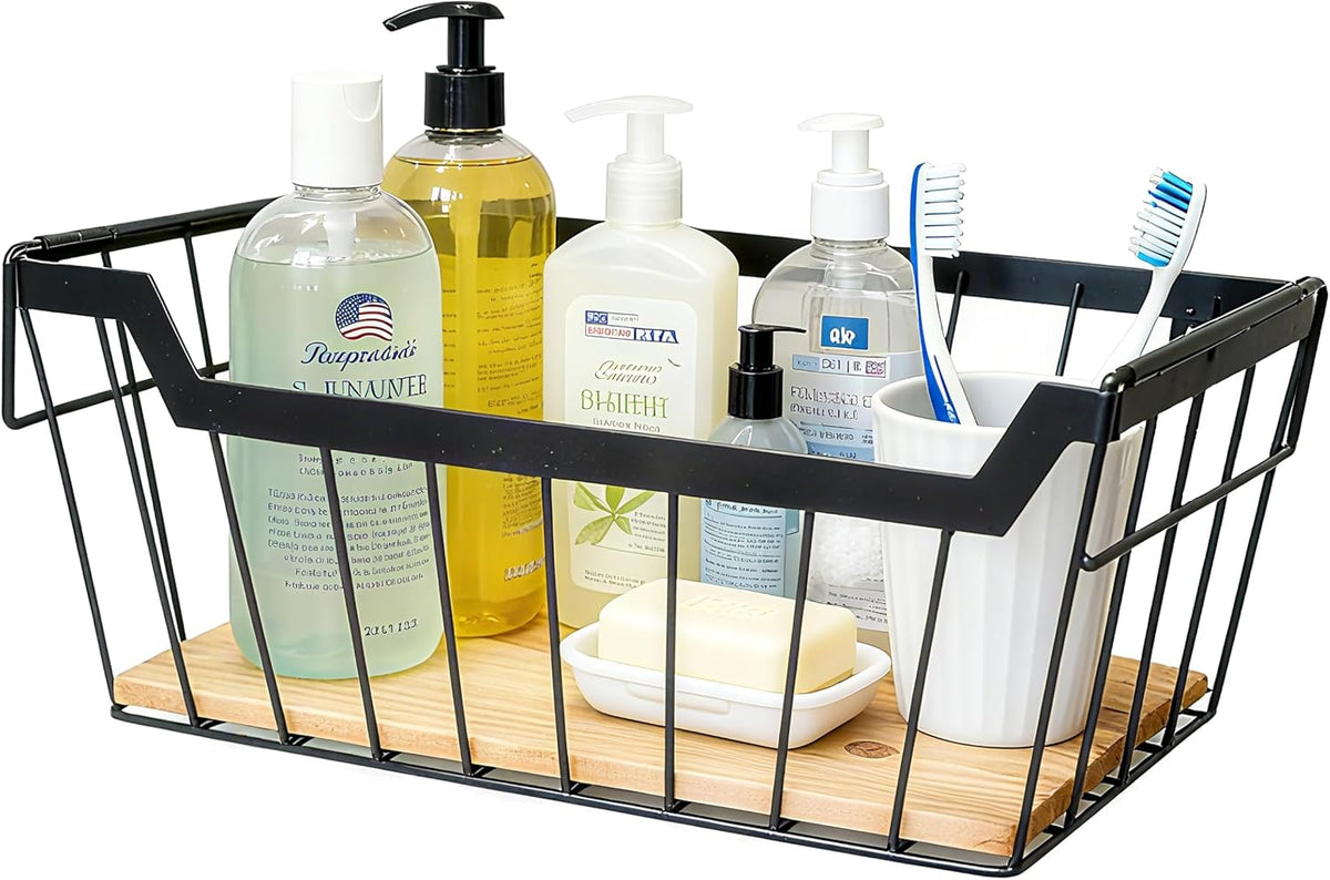 ShabbyDecor Metal Wire Basket with Handles Storage Organizer Stackable Organizing bin for Cabinet Shelf Countertop Under Sink Pantry for Kitchen,Bathroom,Laundry Closet, 1 Pack