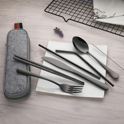 DEVICO Camping Utensils, 8-Piece Full-Size Reusable Silverware for Lunch Adult, Stainless Steel Portable Fork Spoon Knife Set for Work, Travel Cutlery Set with Case and Chopsticks Straws (Rainbow)