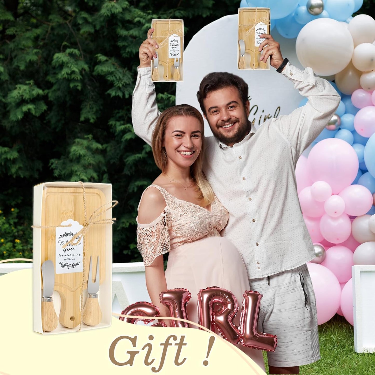 2 Sets Baby Shower Game Prizes for Winners, Bridal Shower Prizes for Guests, Cheese Board Gift Sets with Wood Mini Charcuterie Boards, Knives, Forks, Thank You Card & Gift Box