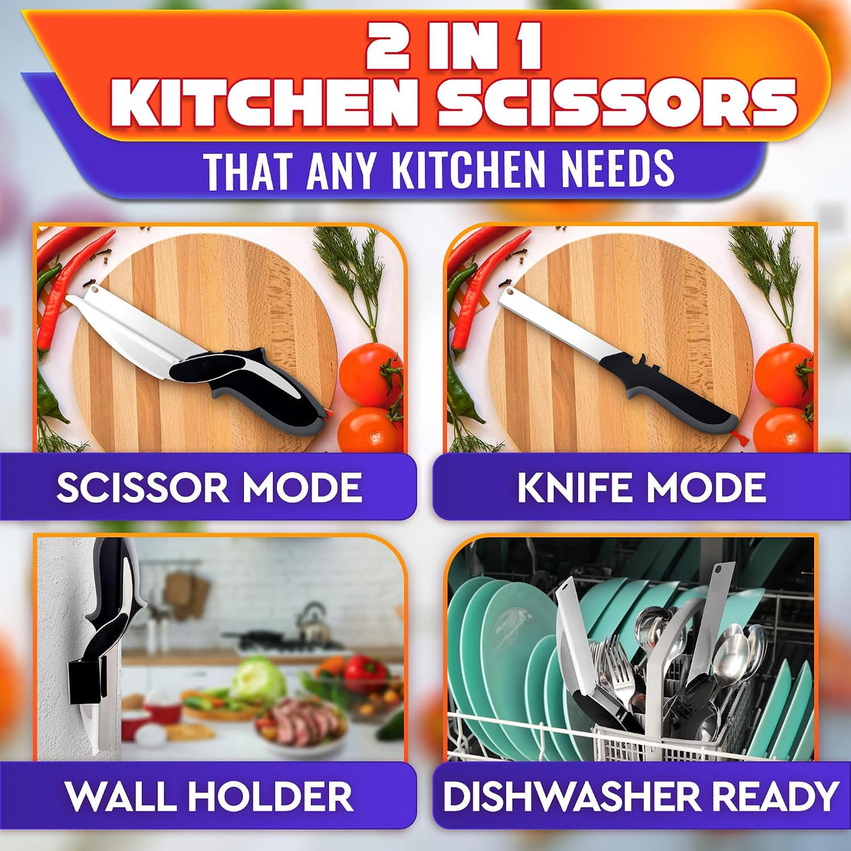 2 in 1 Kitchen Scissors for Food with Knife Sharpener (Grey)