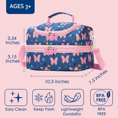 Insulated Kids Dual Compartment Lunch Bags Tote for Girls Boys Toddler School Picnic Food Cooler Thermal with Strap Lunch Boxes Blue Unicorn