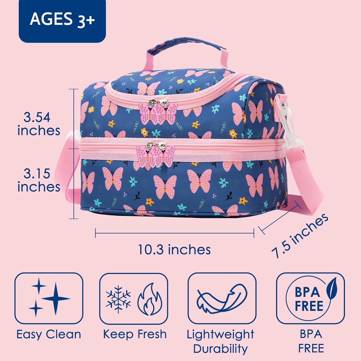 Insulated Kids Dual Compartment Lunch Bags Tote Pack for Girls Boys Toddler Kindergarten School Picnic Cooler Thermal Lunch Boxes with Strap (Green Rainbow)