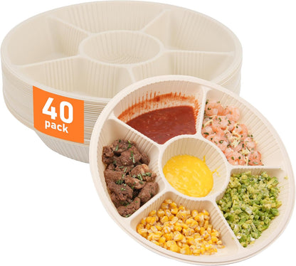 40 Pcs Disposable Divided Plates with 6 Deep Compartments, 12 Inch Large Disposable Sectional Plates, Biodegradable Cornstarch Divided Serving Tray for Party - Microwave Safe