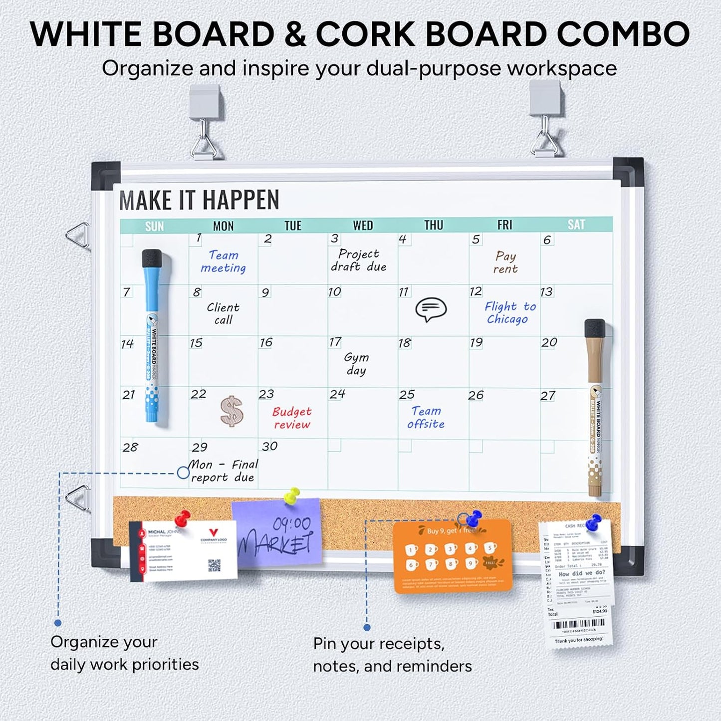 Marsrock Weekly Calendar Whiteboard and Cork Board Combo for Wall, 17"x13" Reversible Hanging Dry Erase Board, Double Sided White Board with Aluminum Frame for Planning, Office, Kitchen, School, Home
