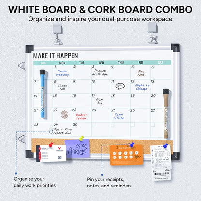 Marsrock Weekly Calendar Whiteboard and Cork Board Combo for Wall, 17"x13" Reversible Hanging Dry Erase Board, Double Sided White Board with Aluminum Frame for Planning, Office, Kitchen, School, Home