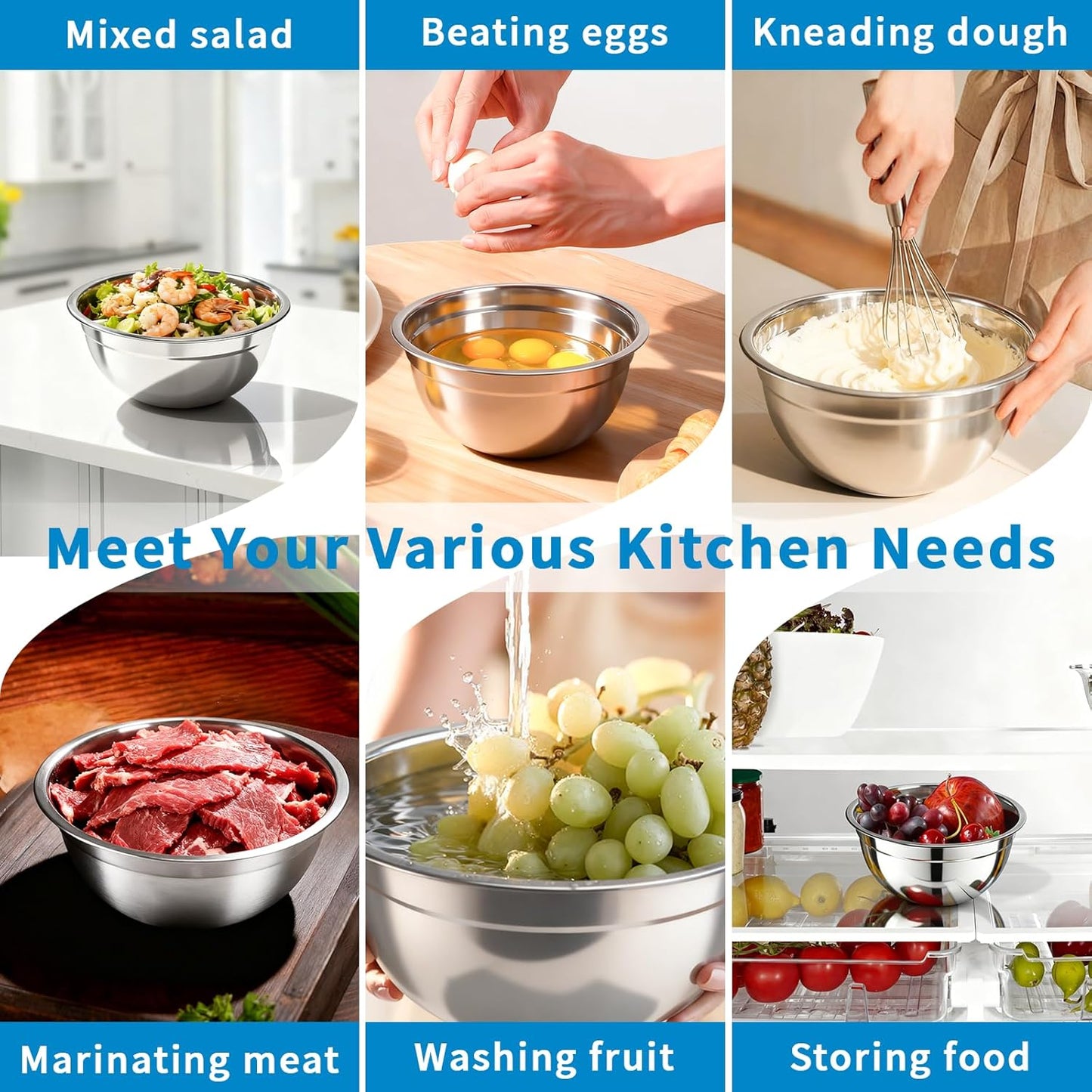 Stainless Steel Mixing Bowls with Lids Set, 7 Pcs Nesting Design Metal Mixing Bowls Salad Bowl for Mixing, Prepping and Serving Food(Size4.5-0.7QT)