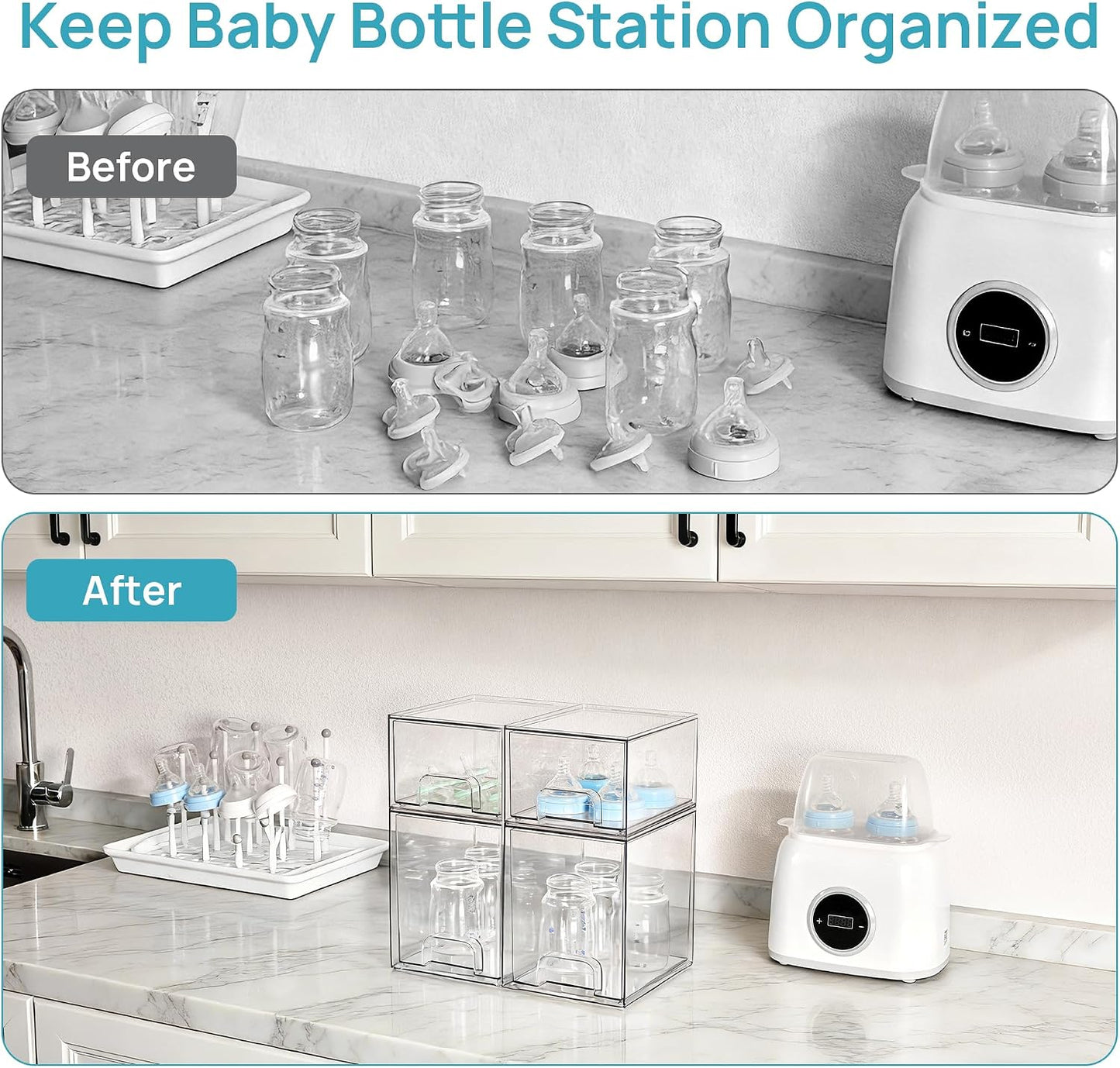 Vtopmart Stackable Storage Drawers Set of 5, Clear Plastic Organizer Bins for Baby Bottle, Beauty Supplies Storage, Ideal for Kichen Countertop, Vanity, Bathroom, Cabinet, Pantry Organization