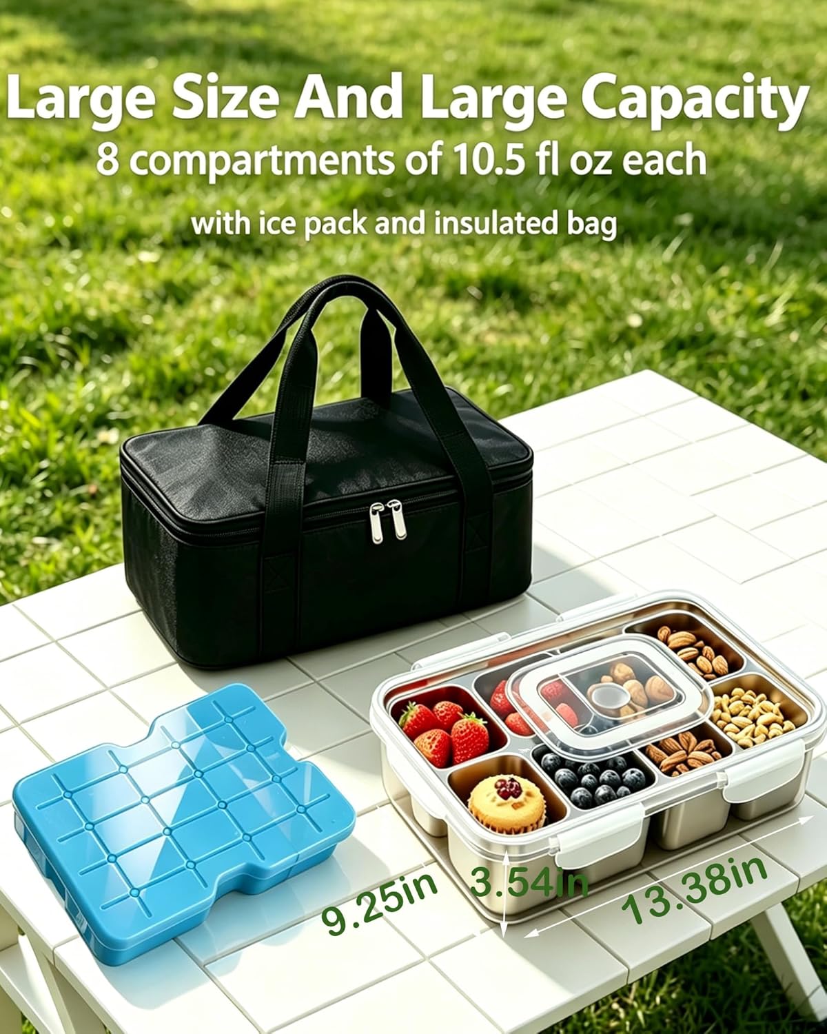 Snackle Box Container, Stainless Steel Divided Serving Tray with Lid and Handle, Large Snack Tray for Fruit Veggie Candy, 8-Compartment Snack Platter for Travel Party Beach Picnic