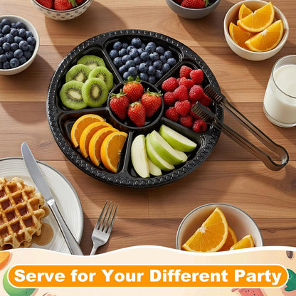 Rtteri 24 Pack 12.4 Inch Plastic Appetizer Trays with Lids and 8 Pack 6.3'' Black Serving Tongs 6 Sectional Round Plastic Serving Tray Disposable Compartment Platter for Party Fruit Snack Veggie