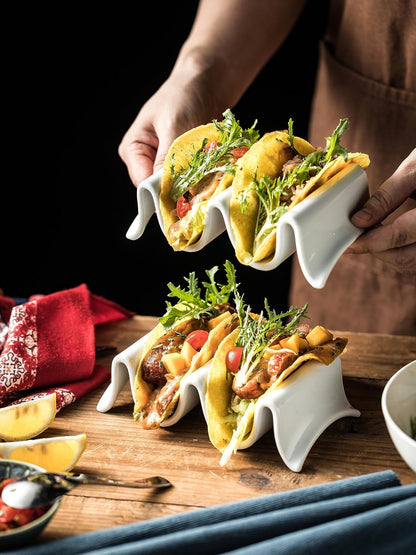 Taco Holders Set of 2, Porcelain Large Taco Tray with Handles, Reusable and Stackable Taco Plates, Perfect for Burritos and Tortillas Holder Handles, Oven & Microwave Safe