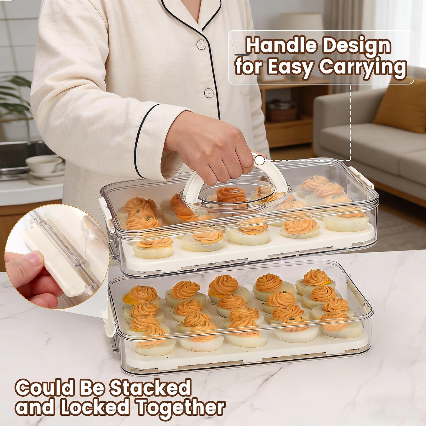 2-Layer Deviled Egg Containers with Lid, Plastic Deviled Egg Platter Tray Carrier with Handle for 40 Eggs, Clear Portable Stackable Egg Holder Storage for Fridge Party Picnic (2 layers)