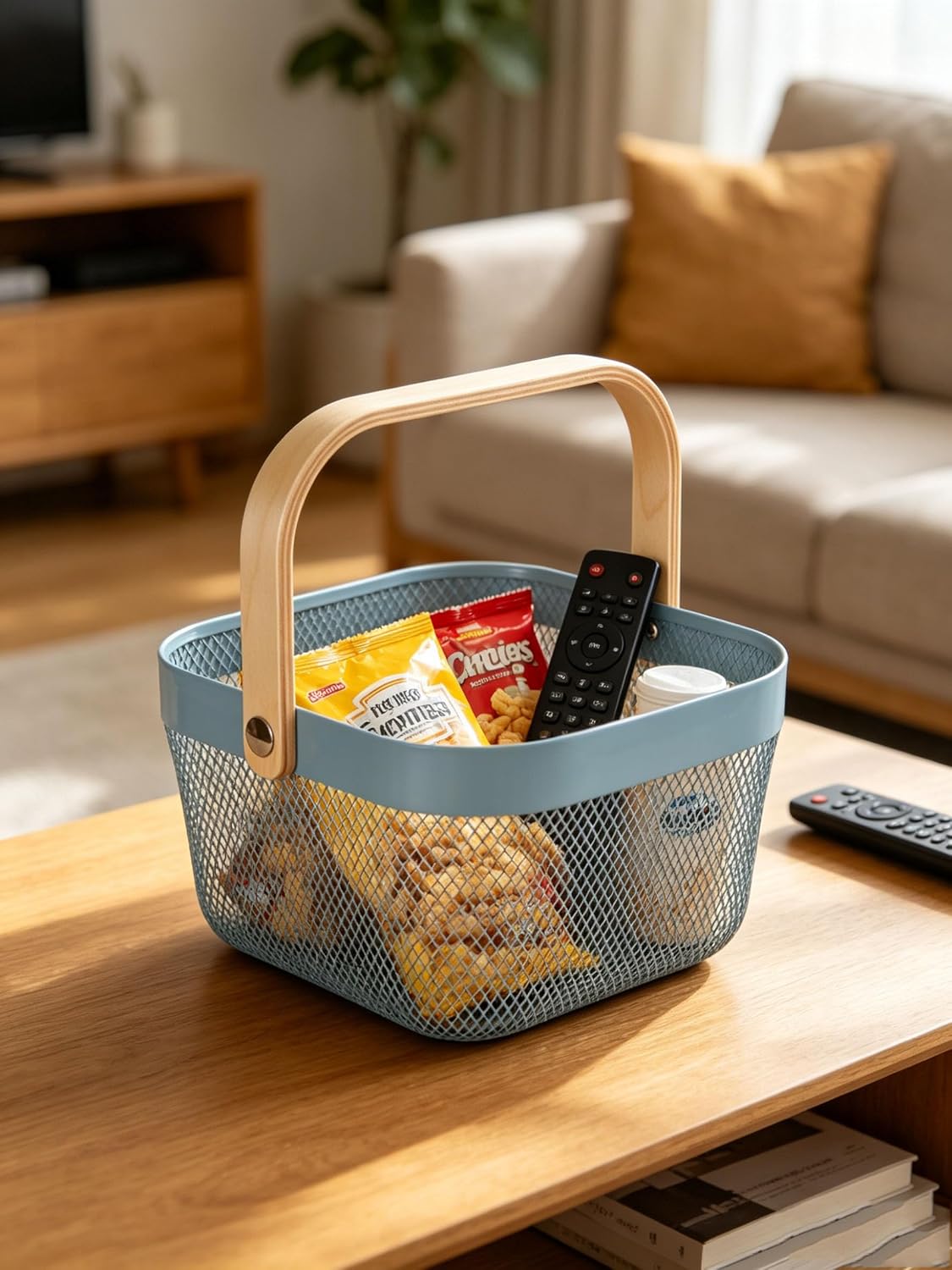 AJIODA Metal Mesh Wire Basket, Large Steel Basket with Wooden Handle Storage Organizer Basket Multi-functional Hanging Kitchen Baskets Fruit Baskets for Kitchen Bathroom Cabinet Pantry Snacks, Black