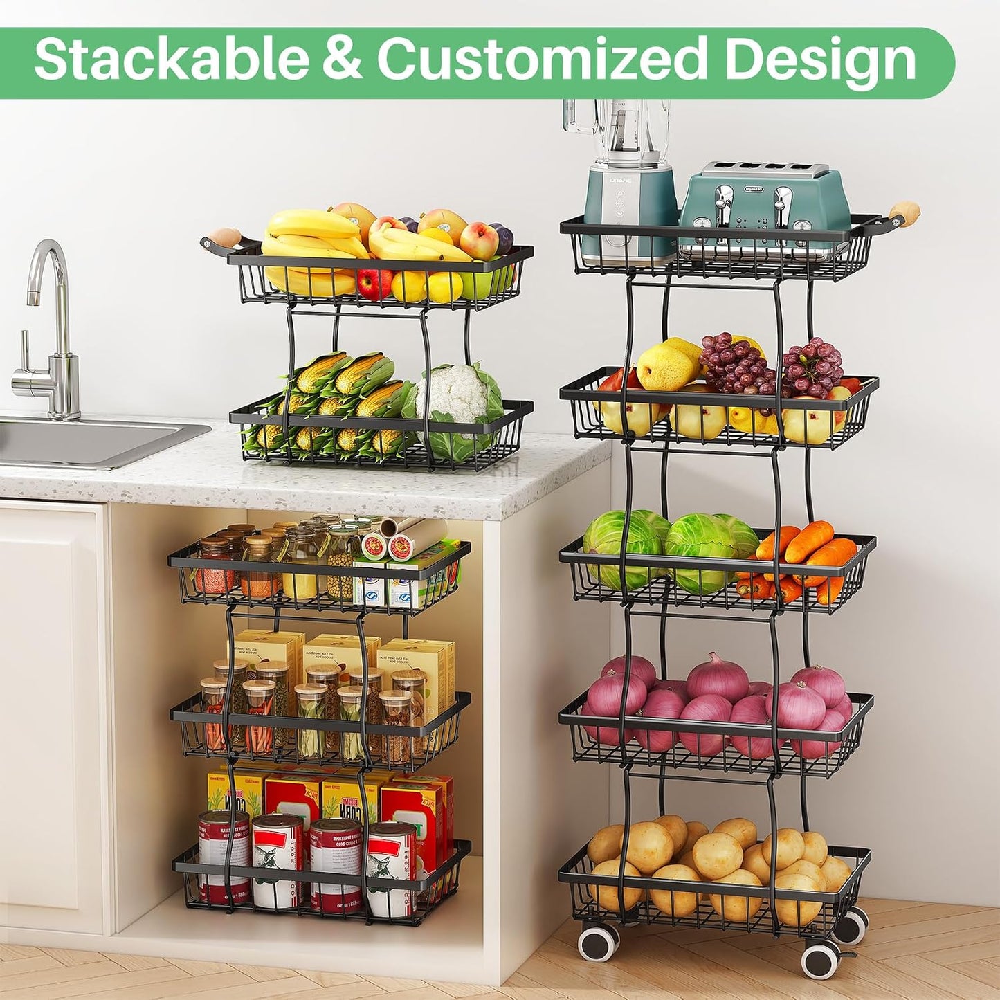 SAYZH Fruit Basket Kitchen Pantry Organizers and Storage - 4 Tier Stackable Metal Wire Basket Stand for Fruit Vegetable Snacks Jars Bins Containers Organization(Black, 4 Tiers)