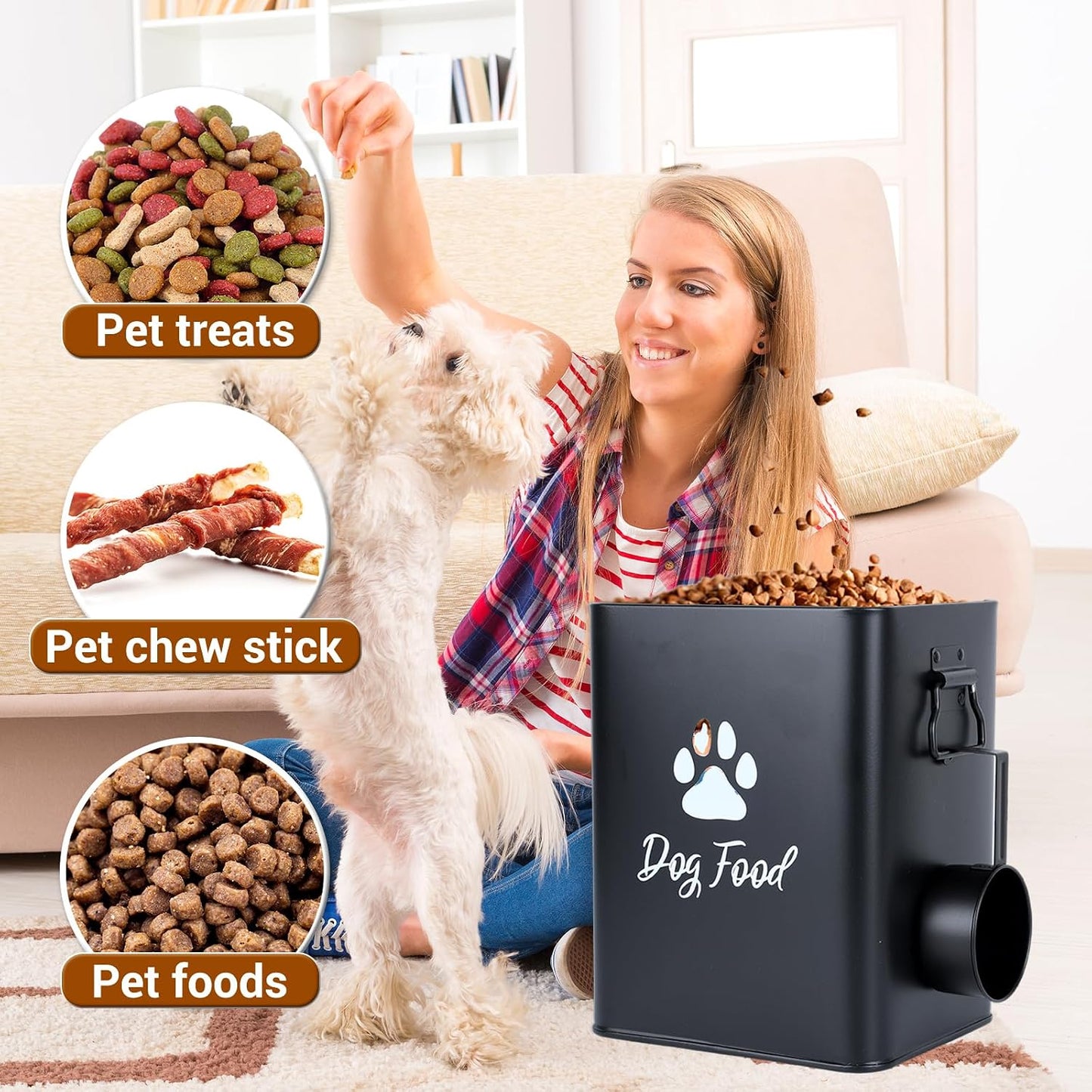 Dog Food Container 13lb, Cute Airtight Pet Food Storage Containers with Metal Lid Scoop, Black Metal Storage Bin for Dog/Cat with Wheels,Easy to Move